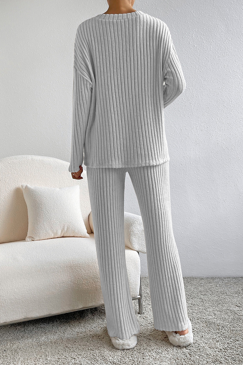 Ribbed V-Neck Top and Pants Lounge Set